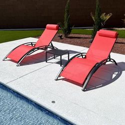 PURPLE LEAF Outdoor Lounge Chair Recliner Set of 3 with Arms and Adjustable Backrest, Side Table Included, Coral Red