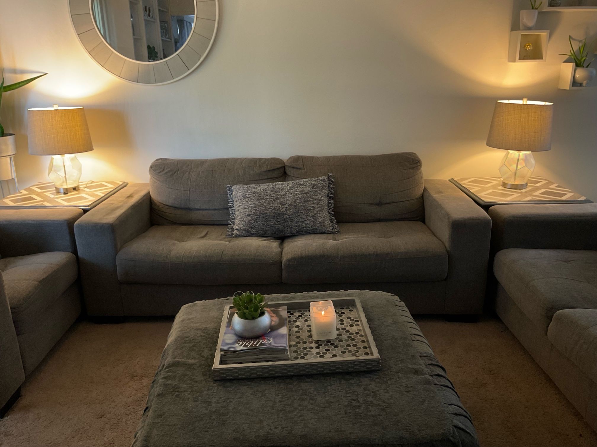 Elegant Dark Grey Couch Set , Side Table ،ottoman 