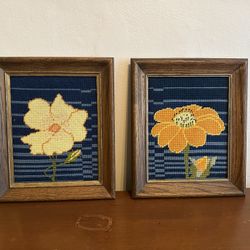 1970s Pair of Framed Cross Stitch Flowers 