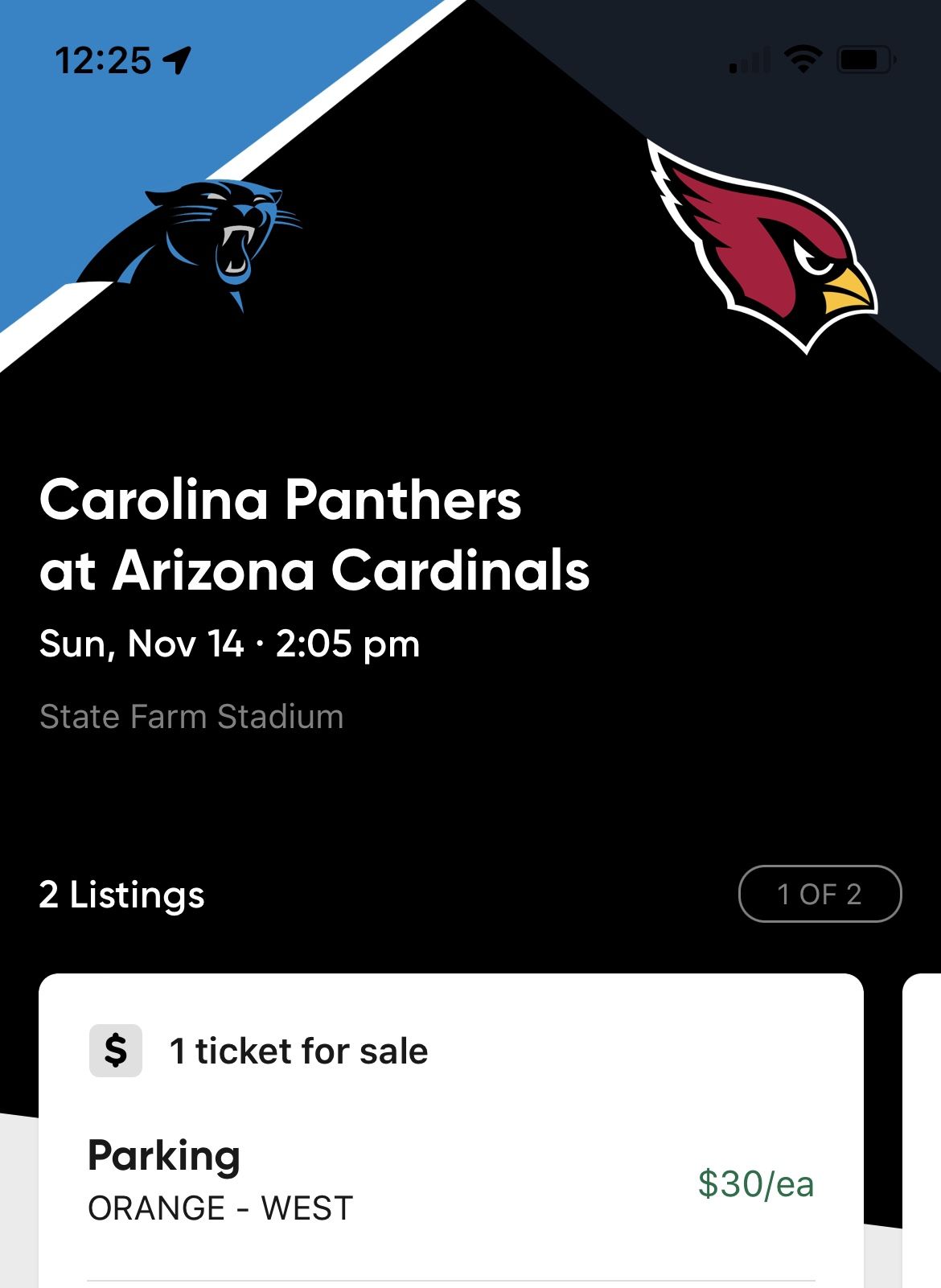 AZ Cardinals vs. Carolina Panthers Orange West Parking Pass 