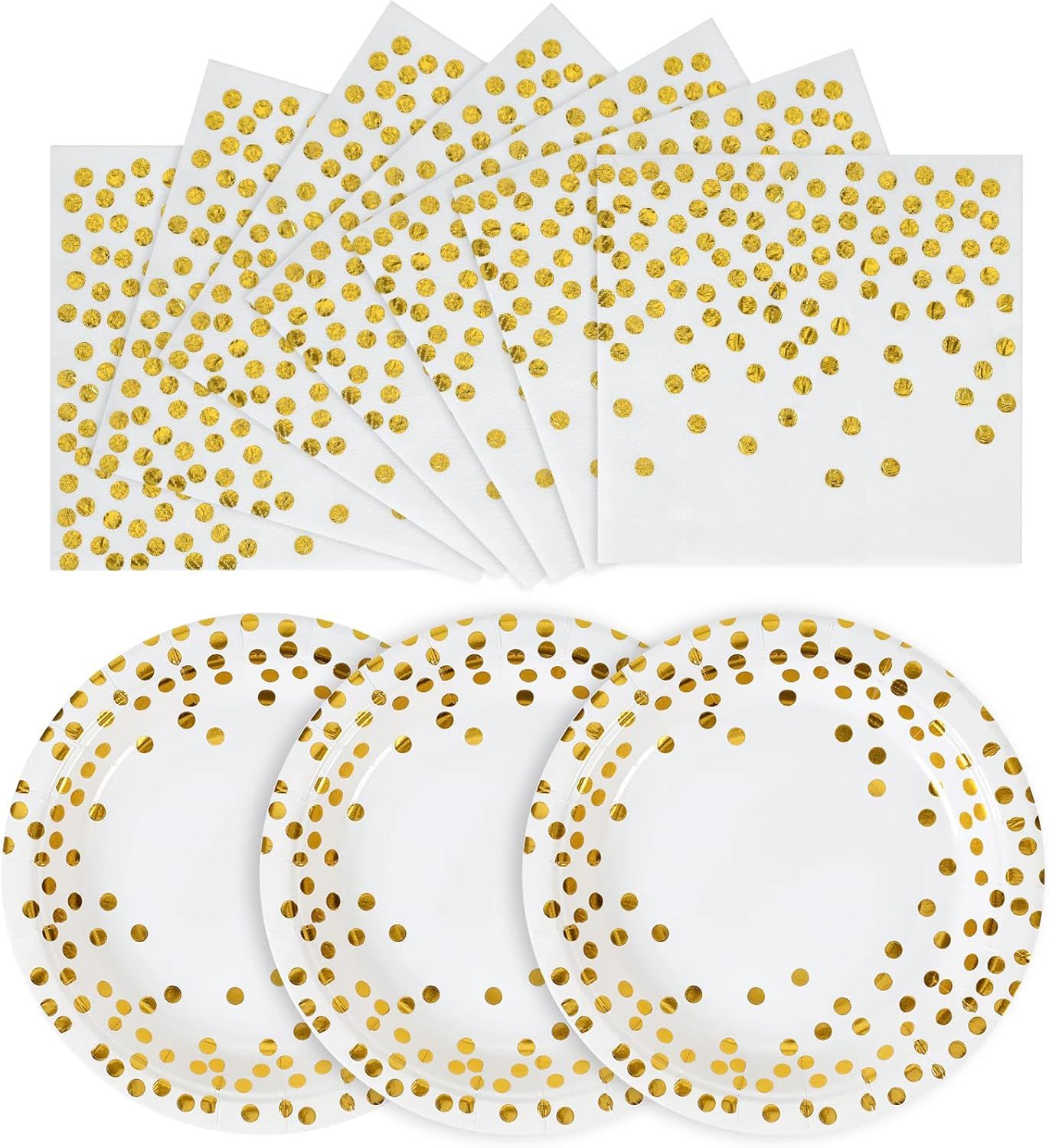 100-Pack White & Gold Paper Plates and Napkins Set – 50×7" Plates + 50×6.5" Napkins for Parties, Weddings, Birthdays