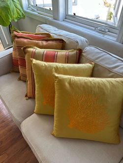 Set of 5 Gold and Orange Throw Pillows - Coral & Striped