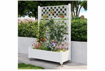 New-Raised Garden Bed with Trellis, Mobile Planter Box with Trellis with Drainage Holes & Water Monitor for Climbing Plants Like Roses & Clematis, Whi