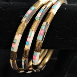 Three Vintage Brass Inlaid Dyed Multi Color Horn Panel Bangle Bracelet