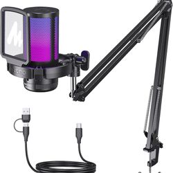 MAONO Gaming USB Microphone, Noise Cancellation Condenser mic with Mute, Gain, Monitoring, Boom Arm for Streaming, Podcast, Twitch, YouTube, Discord, 