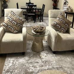 Brand New Set Of 2 Beige Chairs With Pillows And Capiz Pearl Table With Centerpiece Bowl Pickup Gaithersburg Md20877