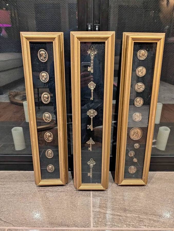 ✨ Vintage Set of 3 Framed Greek-Inspired Medallion & Key Wall Art – 1970s Gold Frames
