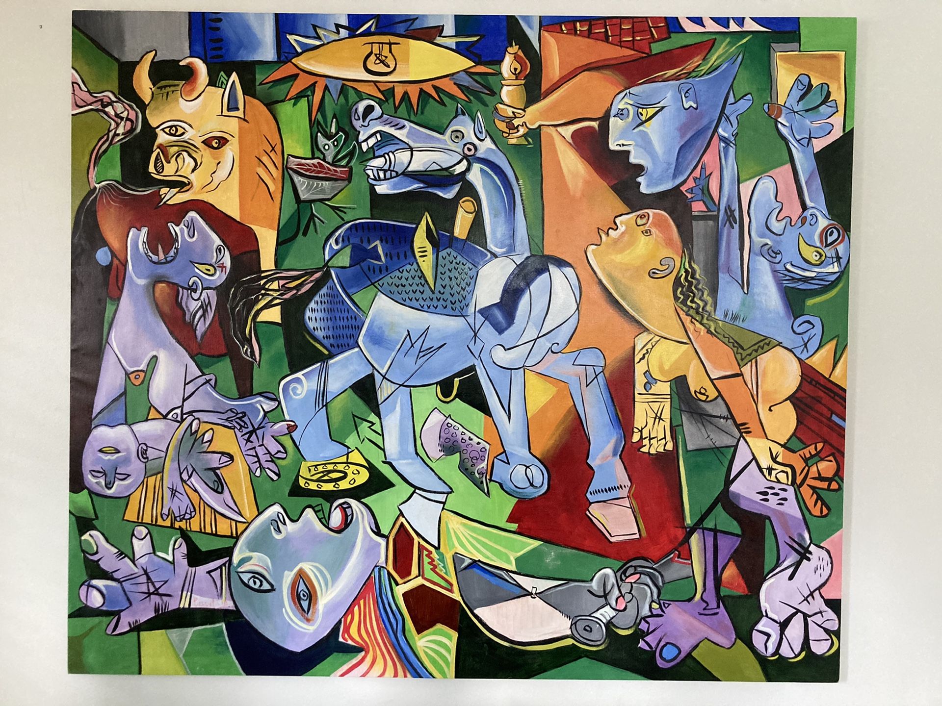 Guernica Picasso like oil canvas painting 53.5w x 48h