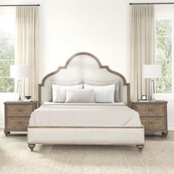 Queen Bed + 2 Nightstands $1200- Rustic Oak Wood Bed With Beige Fabric Headboard