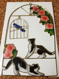 2 Cats and Swinging Bird Cage