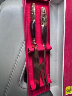 Thailand Nickel Bronze Carving Set Knife Fork in Box w/ Elephant Goddess Wood