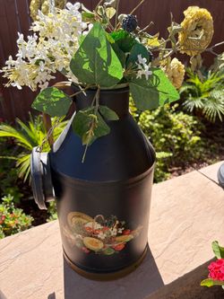 Black Metal Milk Can with Floral Decal