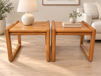 Vintage Klaussner Mid Century Modern Style Oak Side Tables — Pair, Sled Leg End Tables