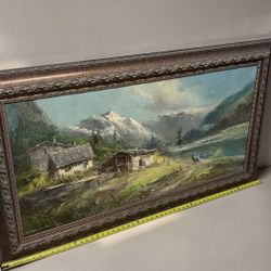 oil painting depicting a rustic landscape scene with mountains and a lake