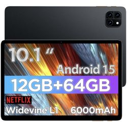 NEW Android Tablet, 10.1 inch Android 15 Tablet, Octa-core, RAM 12GB, ROM 64GB(Up to 2 TB), 800x1280 Resolution, WiFi 6 & Bluetooth, Dual Speakers, 5M