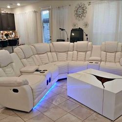 New Alexa2023 White Reclining Sectional Features 2 recliners total (1 on left side, 1 on right side) LED light strips. Bluetooth Speaker. Smart Phone 