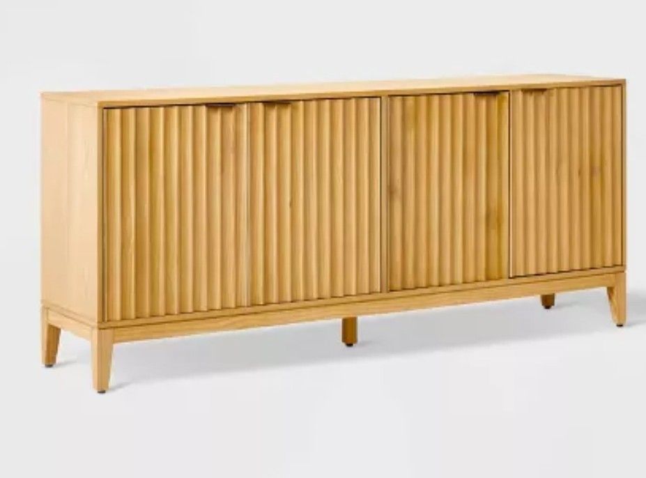 BRAND NEW IN THE BOX.....Thousand Oak Wood Scalloped TV Stand for TVs up to 70" Brown - Threshold™ designed with Studio McGee