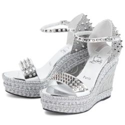 Christian Louboutin Madmonica 120 Silver Stud Espadrille Wedges EU 38