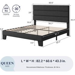 Queen Size Platform Bed Frame with Fabric Upholstered Headboard and Wooden Slats Support, Fully Upholstered Mattress Foundation/No Box Spring Needed/E