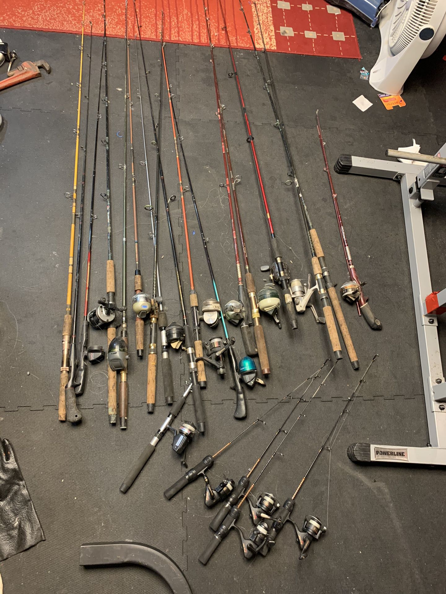 Lot of fishing rods, fishing lures and accessories