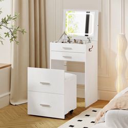 Make Up Vanity Desk With Flip Top Mirror, Lights, Drawers