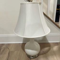 Restoration Hardware Lamp Silver base Gold finial White Ceramic Some black specks on shade 38” Smoke free household