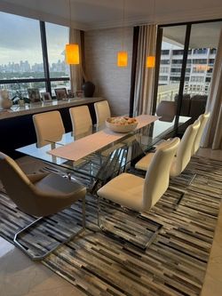 Modern Glass & Chrome Dining Set – Table + [8] Leather Chairs