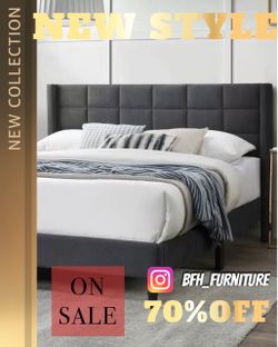 Queen size grey platform bed with orthopedic mattress