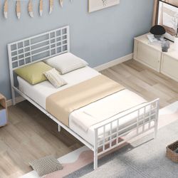 White Metal Bed Frame Twin Size with Headboard and Footboard Single Platform Mattress Base Metal Tube and IronArt Bed Twin