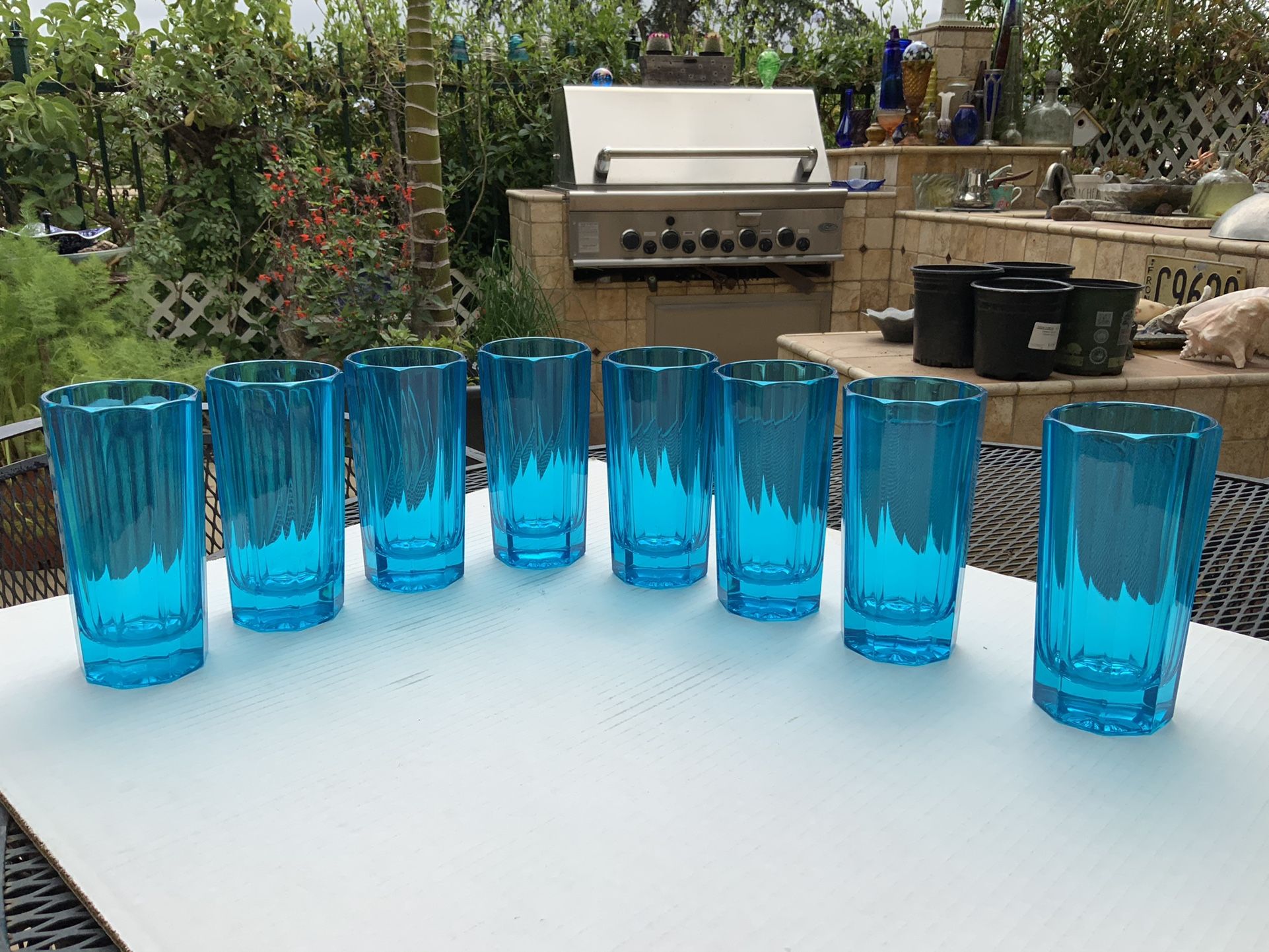 VINTAGE MCM CRYSTAL TURQUOISE GLASS TUMBLERS-SEBASTIAN MARCEN-RARE