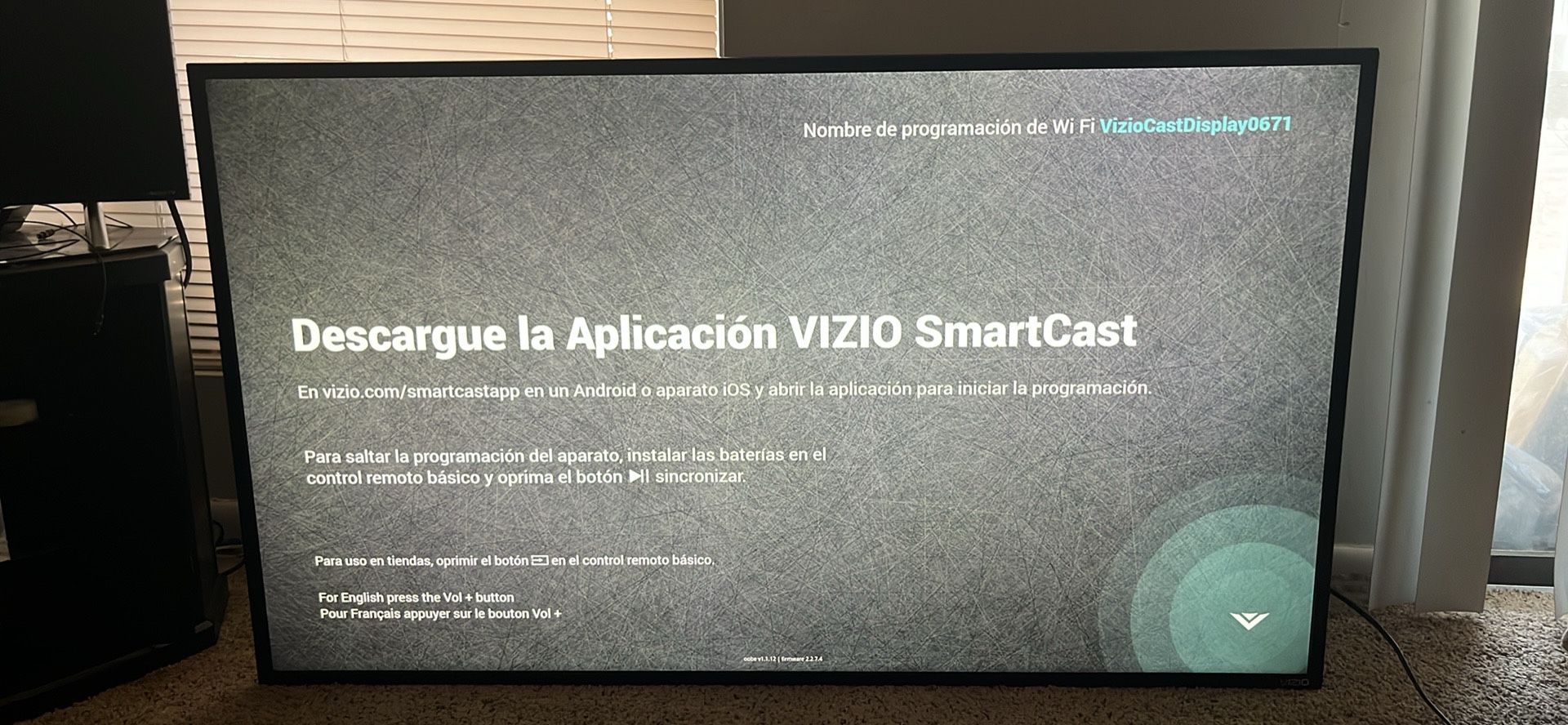 4k Vizio smart TV and soundbar/subwoofer setup