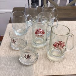 Vintage Jos. Huber Beer Mugs, Mallard Duck Whiskey Glasses, (4) Glass Tankards Never Used 1970-80’s
