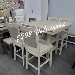 ✅️ 5 pc Wildon studio rustic natural tone,  finish wood and fabric counter height dining table set ✅️✅️