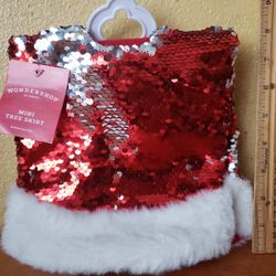 NWT Christmas Mini Tree Skirt Sequins Silver Red 2-Tone w/ Faux Fur Trim 18" Dia