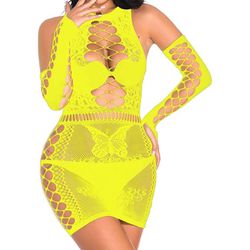 Women's Fishnet Lingerie Babydoll Mesh Hole Chemise Babydoll Sleepwear Mini Dress One Size
