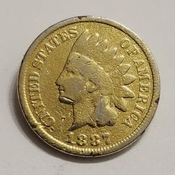 1887 Gold Pkated Indian Head Cent Penny - Auhentic U.S Coin