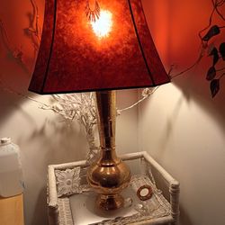 Tall Brass Etched Table Lamp  W/ Mica Shade