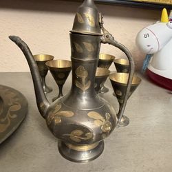 Vintage Indian Etched Brass Decanter Set 6 Cups Tray 8pc Enameled Boho Barware