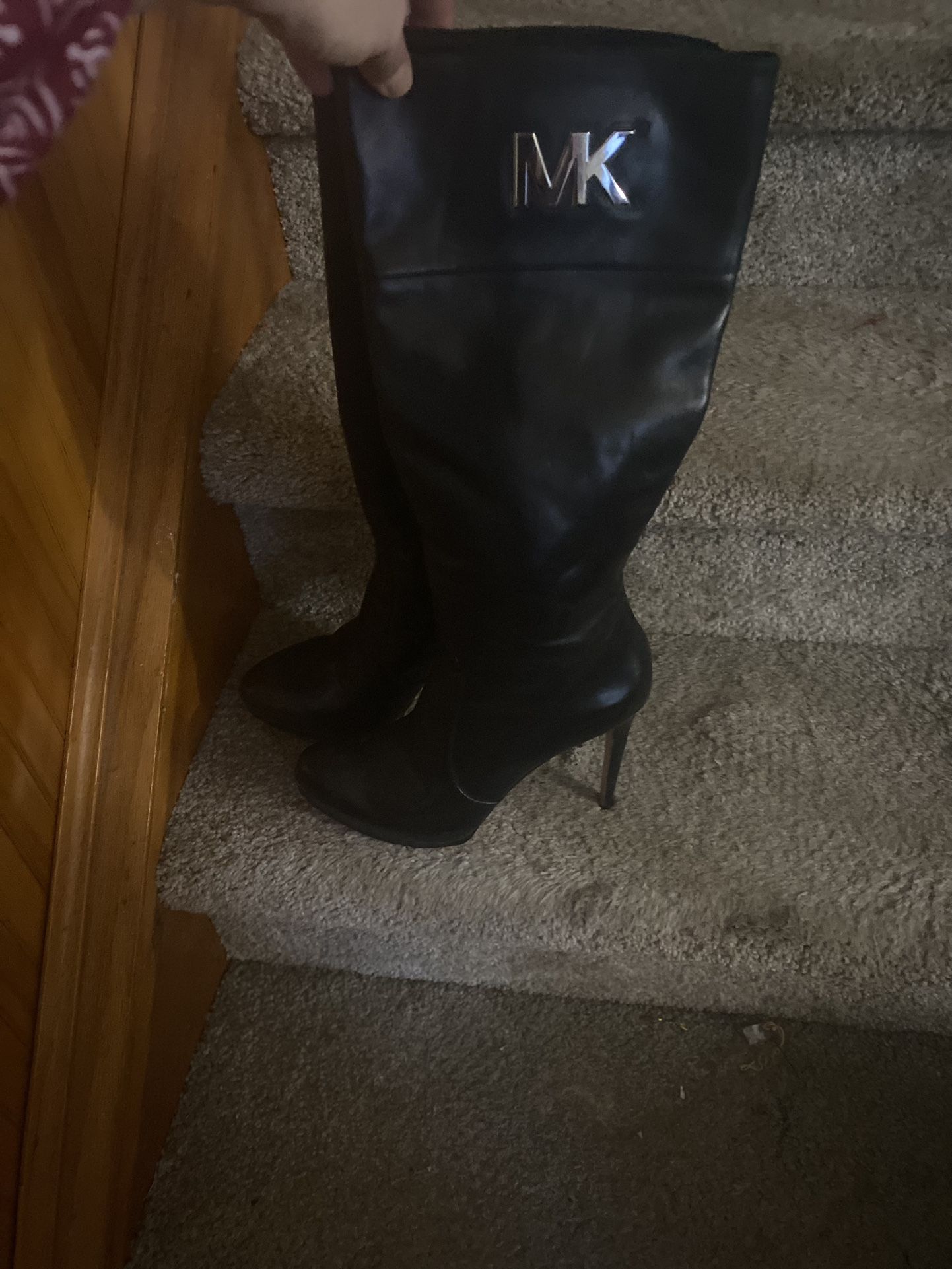 Michael Kors black leather knee high boots with silver hardware, side zippers, 5" heel, used, excellent condition
