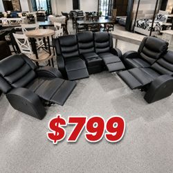 Black Faux Leather Recliner Sofa Set