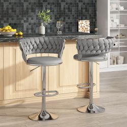 Grey Velvet Bar Stools Set of 2 - Adjustable Height Swivel Kitchen Stools with Low Back for Dining Room, Breakfast Bar, Home Decor, and Entertaining G