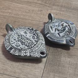 2 Vintage GREEK Relief Pottery Oil Lamps both $15