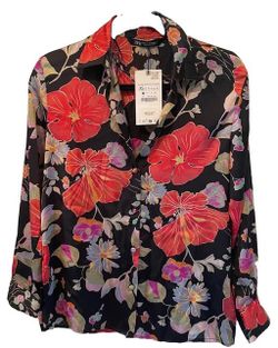 NWT Zara Floral Print Satin Button Down Blouse Long Sleeve Shirt Top Size XS