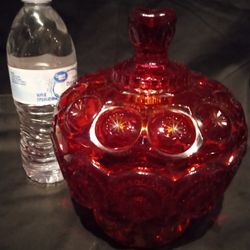 Vtg L.e. Smith Amberina Red Moon And Candy Dish With Lid 5.75"