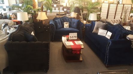 Brand new navy/black/gray velvet studded sofa + loveseat