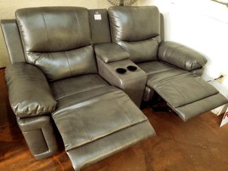 Gray genuine leather recliner loveseat with console