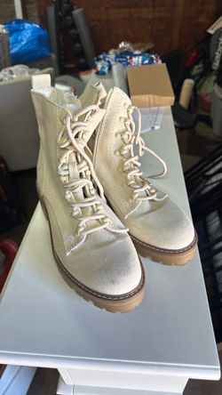 Cream Canvas Lace-Up Combat Boots