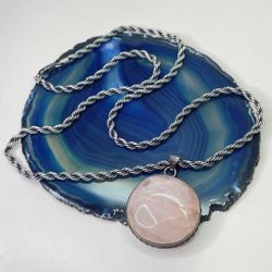 925 Artisan Rose Quartz Round Pendant Twisted Rope Chain Necklace 48.7g