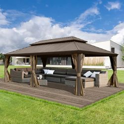 14x22FT Hardtop Gazebo, Outdoor Gazebo with Galvanized Steel Double Roof, Aluminum Frame, Built-in Gutter System, Curtain and Netting, Metal Gazebo Pa