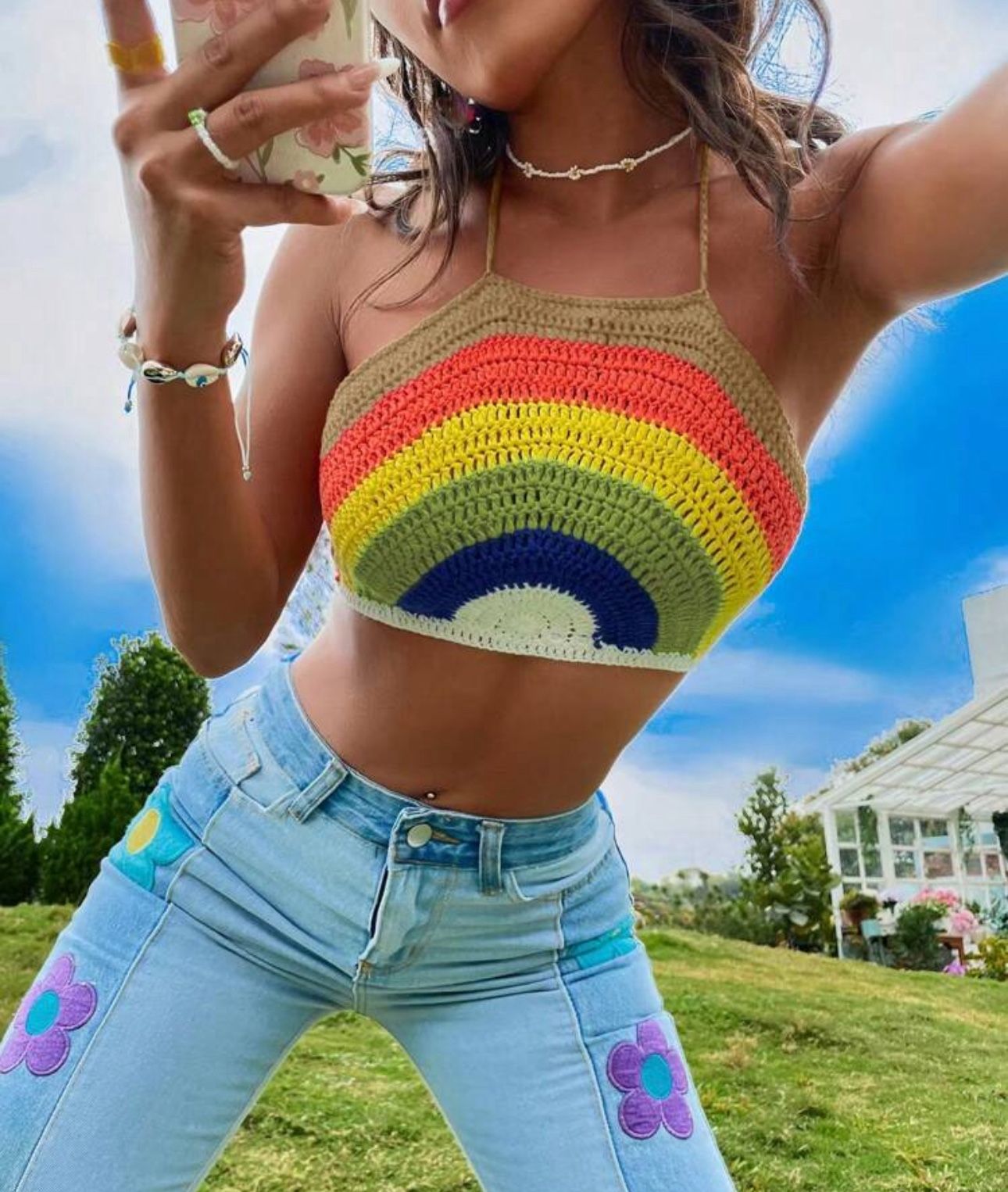 Rainbow Striped Pattern Tie Backless Halter Knit Top